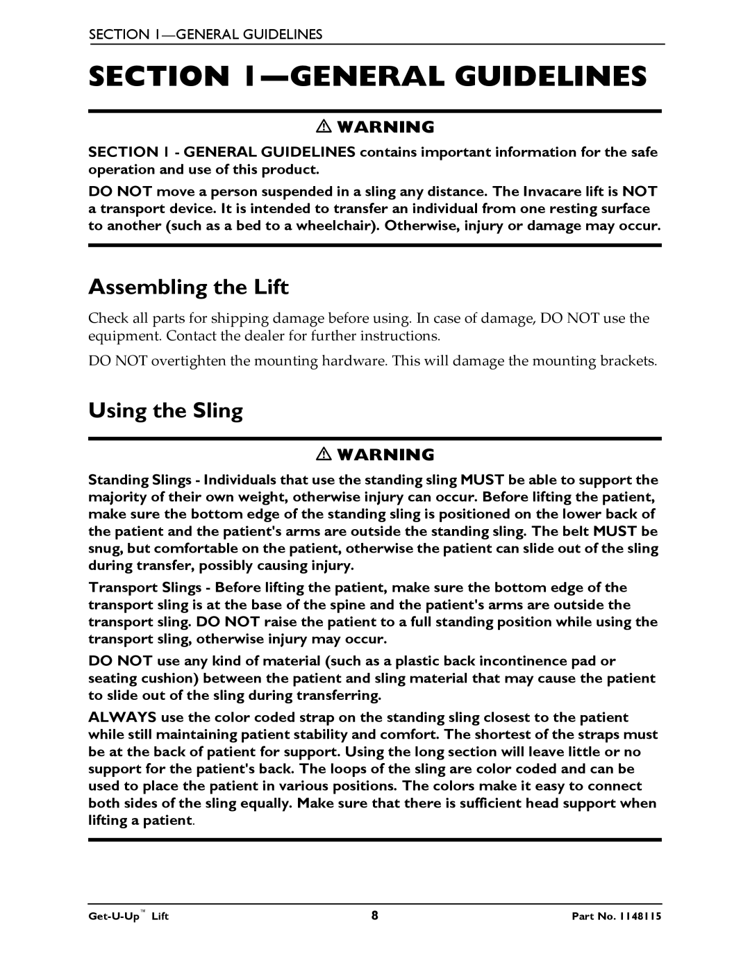 Invacare GET-U-UP LIFT manual General Guidelines, Assembling the Lift, Using the Sling 