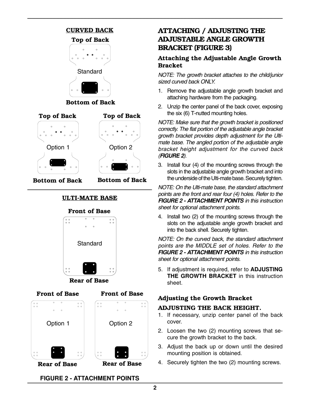 Invacare Growth Bracket operating instructions Curved Back, ULTI-MATE Base 