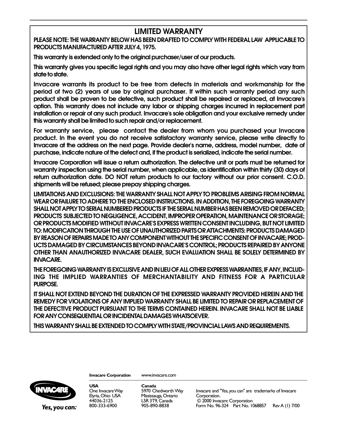 Invacare Growth Bracket operating instructions Limited Warranty 