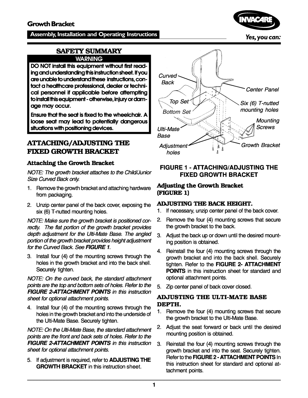 Invacare operating instructions GrowthBracket, Attaching/Adjusting The Fixed Growth Bracket, Safety Summary 