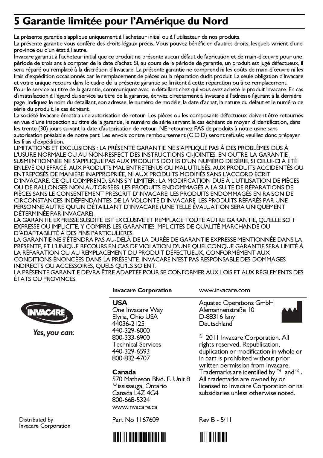 Invacare H112-5 user manual Garantie limitée pour l’Amérique du Nord, Usa 