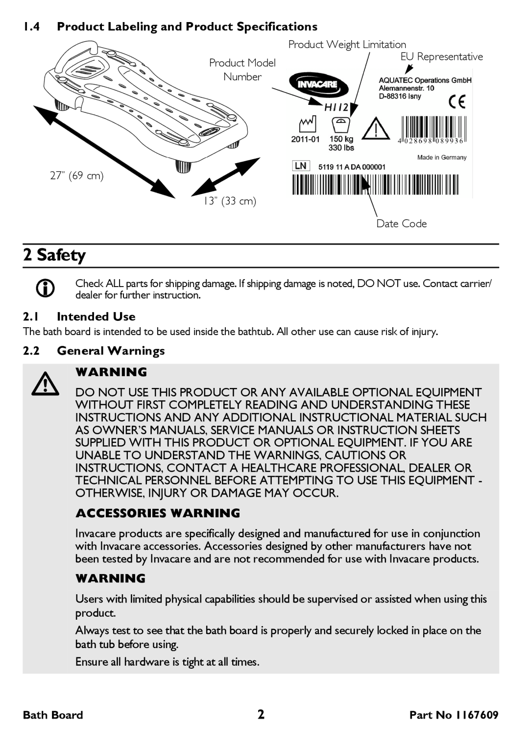 Invacare H112-5 Safety, Product Labeling and Product Specifications, Intended Use, General Warnings, Accessories Warning 