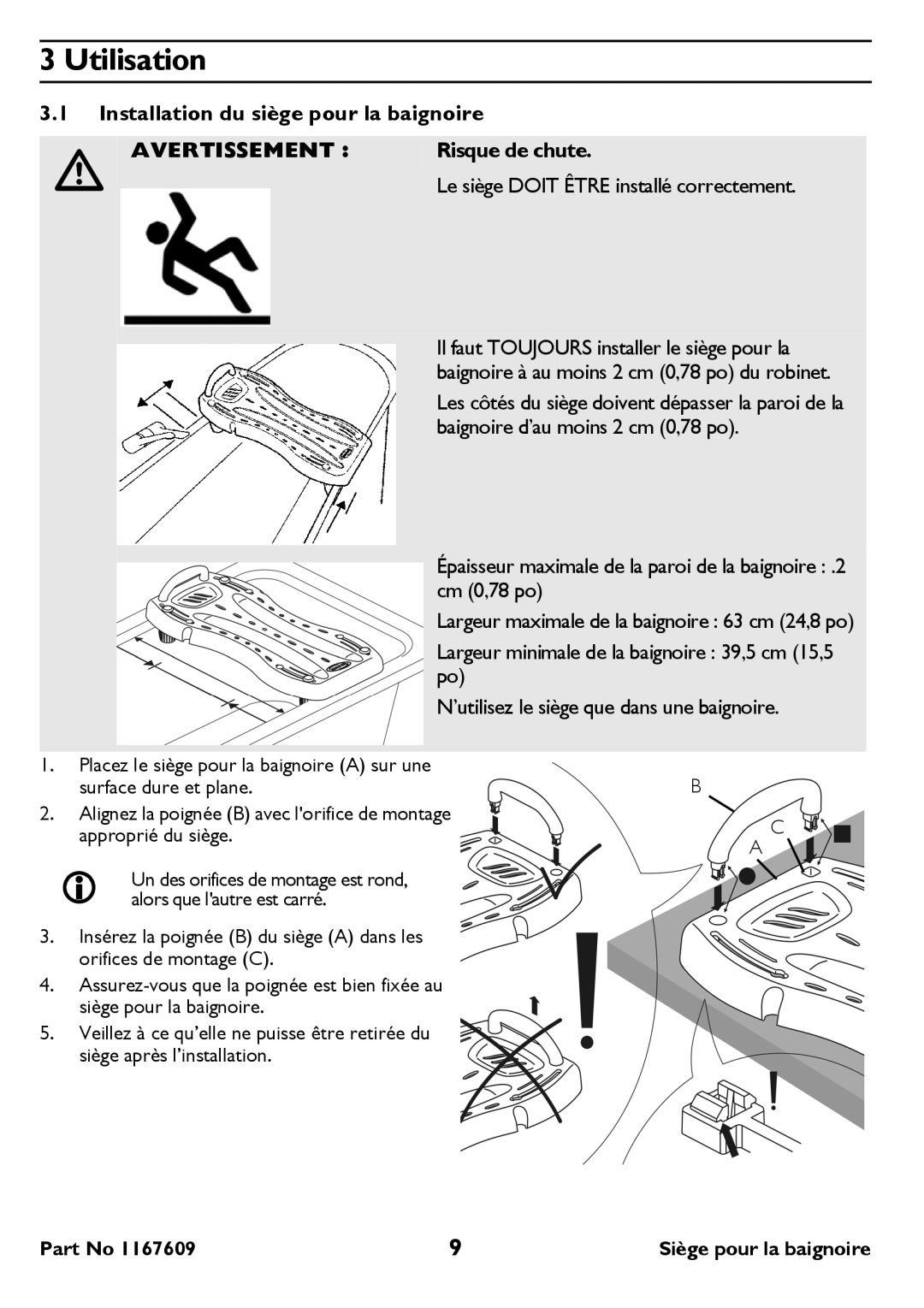 Invacare H112-5 user manual Utilisation, Installation du siège pour la baignoire, Risque de chute 