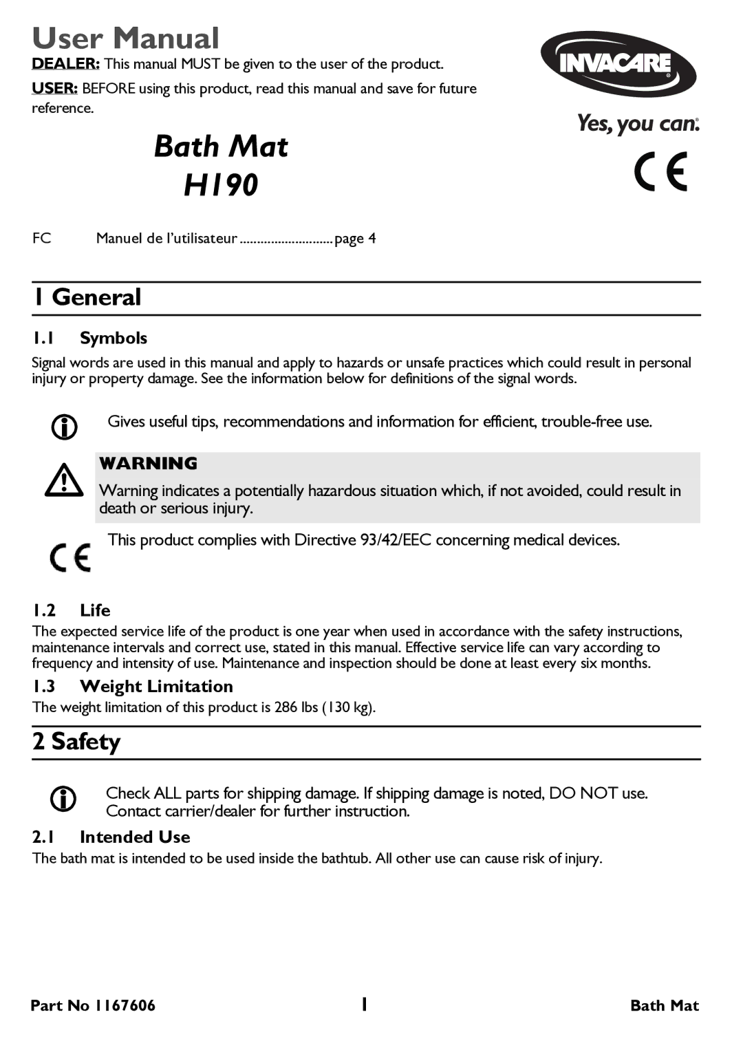 Invacare user manual Bath Mat H190, General, Safety 