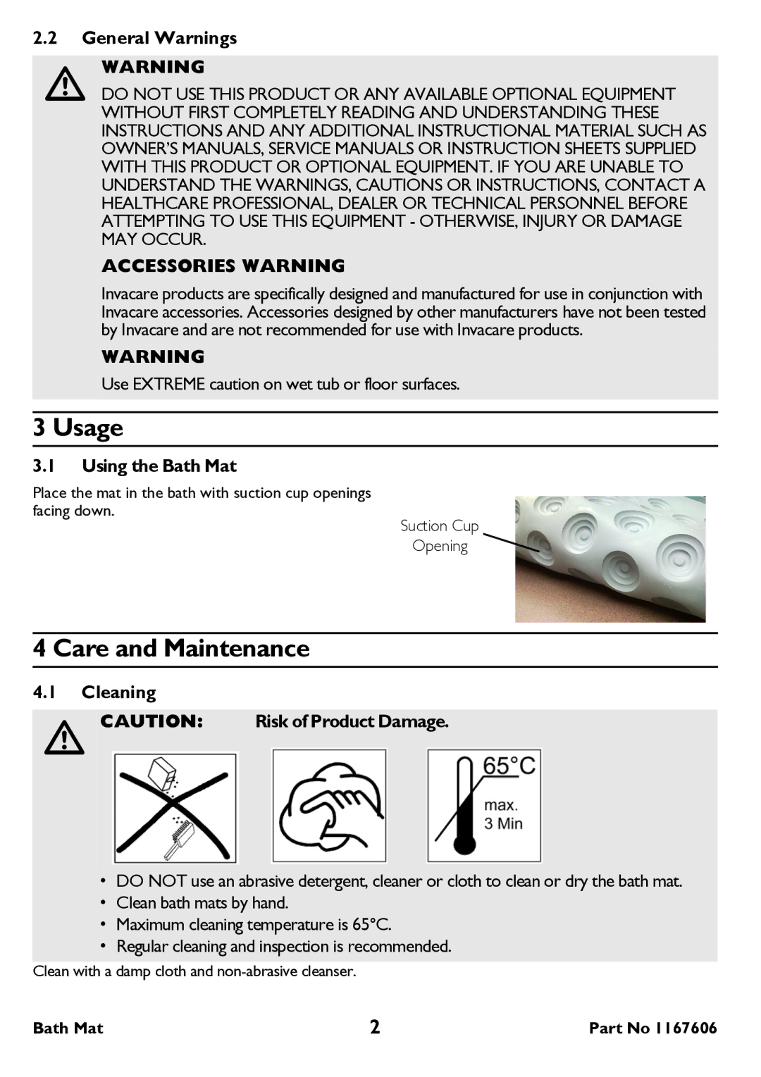 Invacare H190 user manual Usage, Care and Maintenance, Accessories Warning 