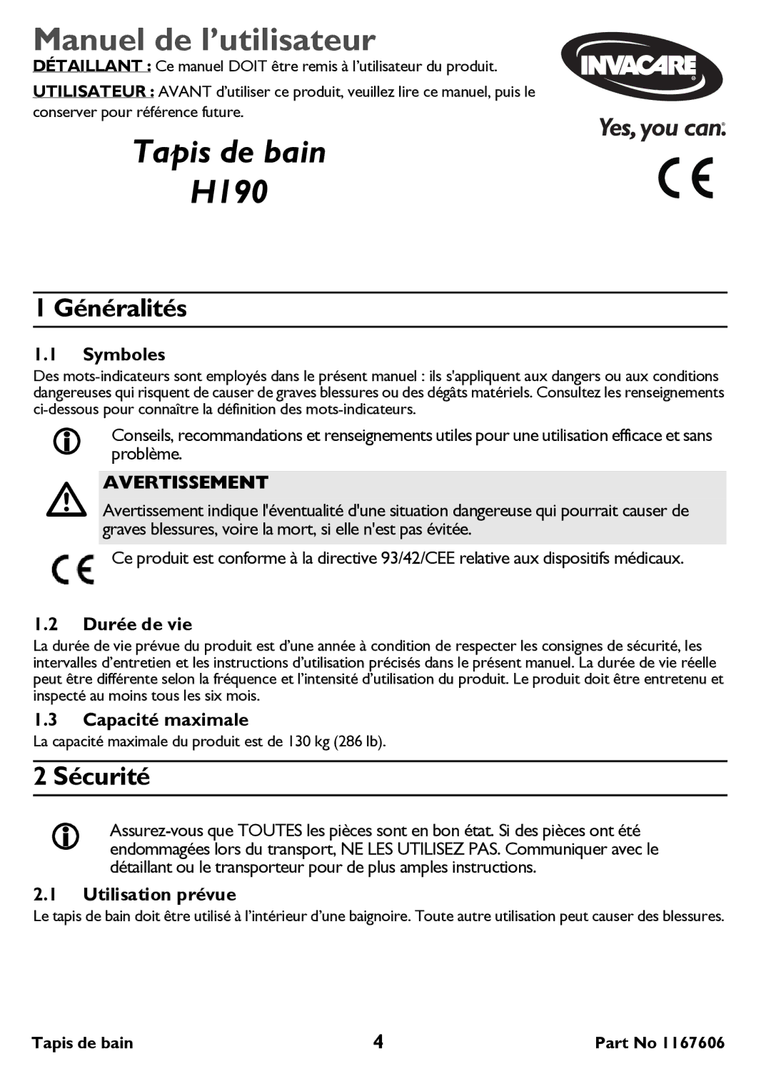 Invacare user manual Tapis de bain H190, Généralités, Sécurité, Avertissement 