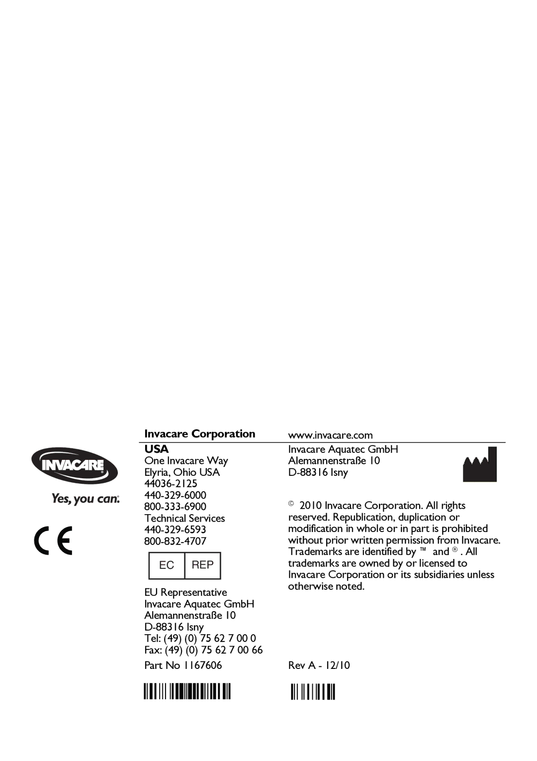 Invacare H190 user manual Usa 