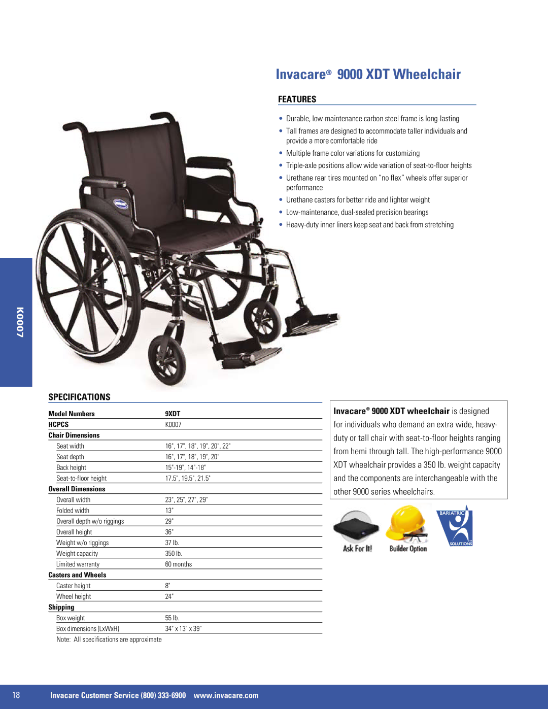 Invacare HCPCS E1038 manual Invacare 9000 XDT Wheelchair, 9XDT 