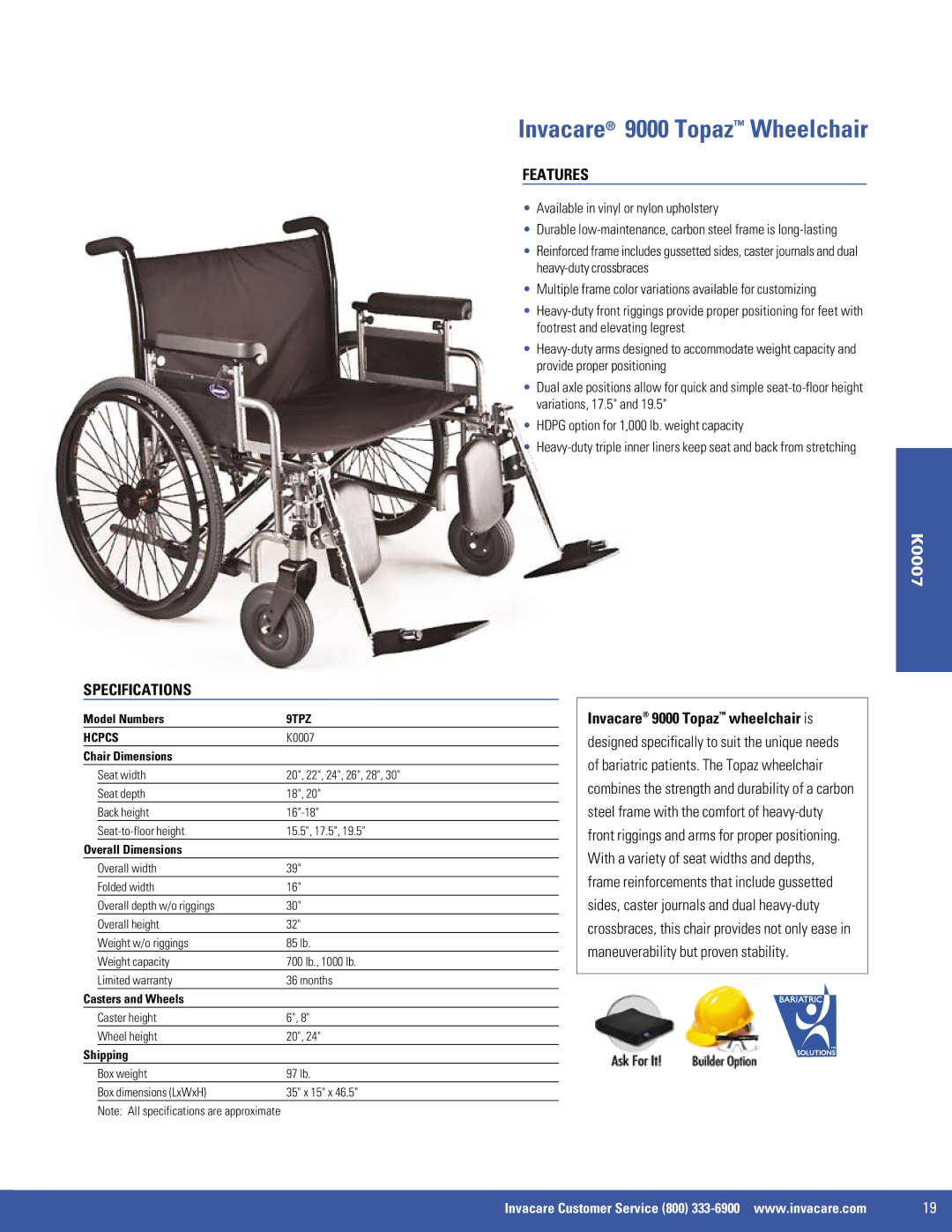 Invacare HCPCS E1038 manual Invacare 9000 Topaz Wheelchair, 9TPZ 