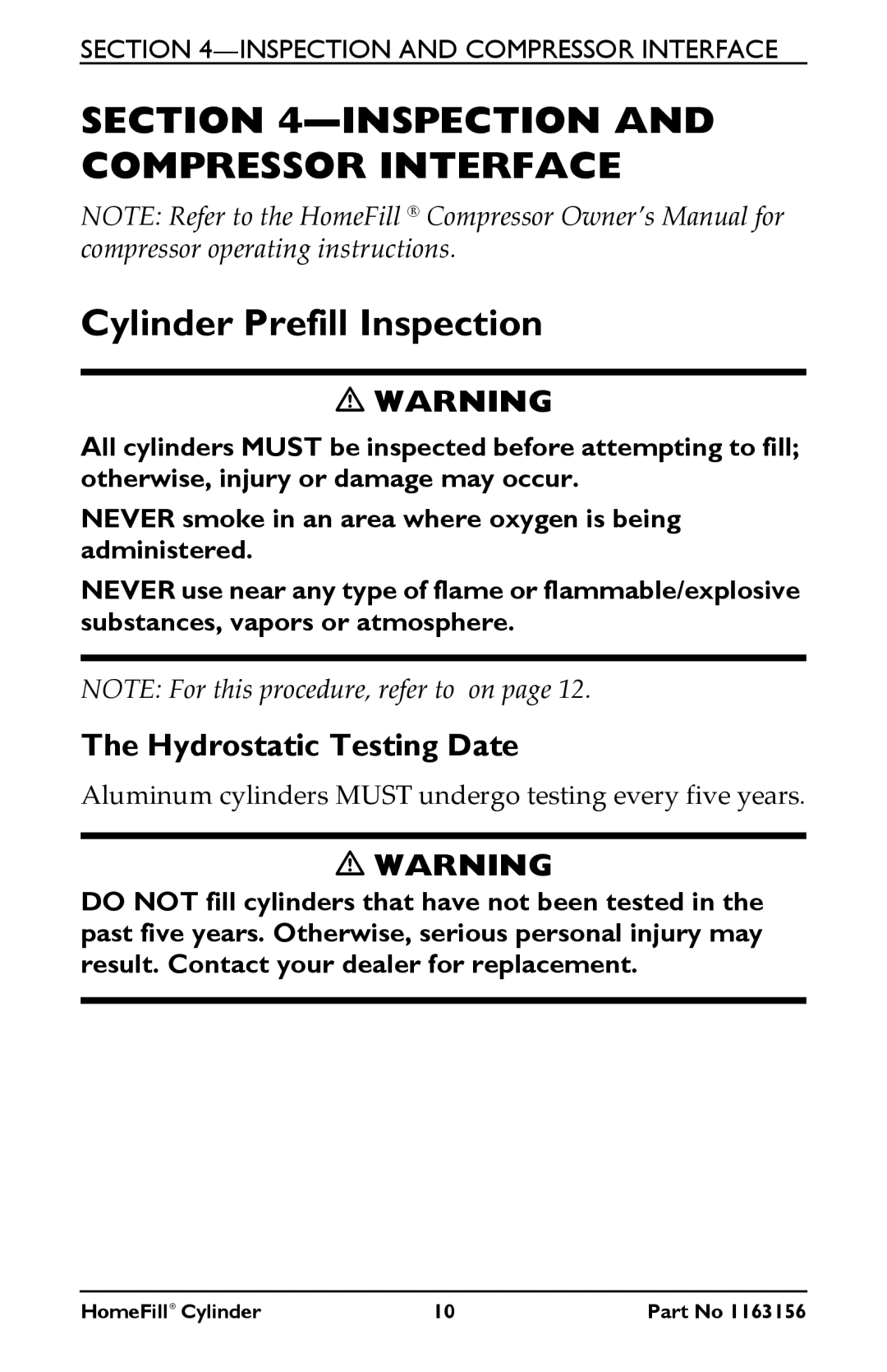 Invacare HF2E540M9 manual Inspection and Compressor Interface, Cylinder Prefill Inspection 