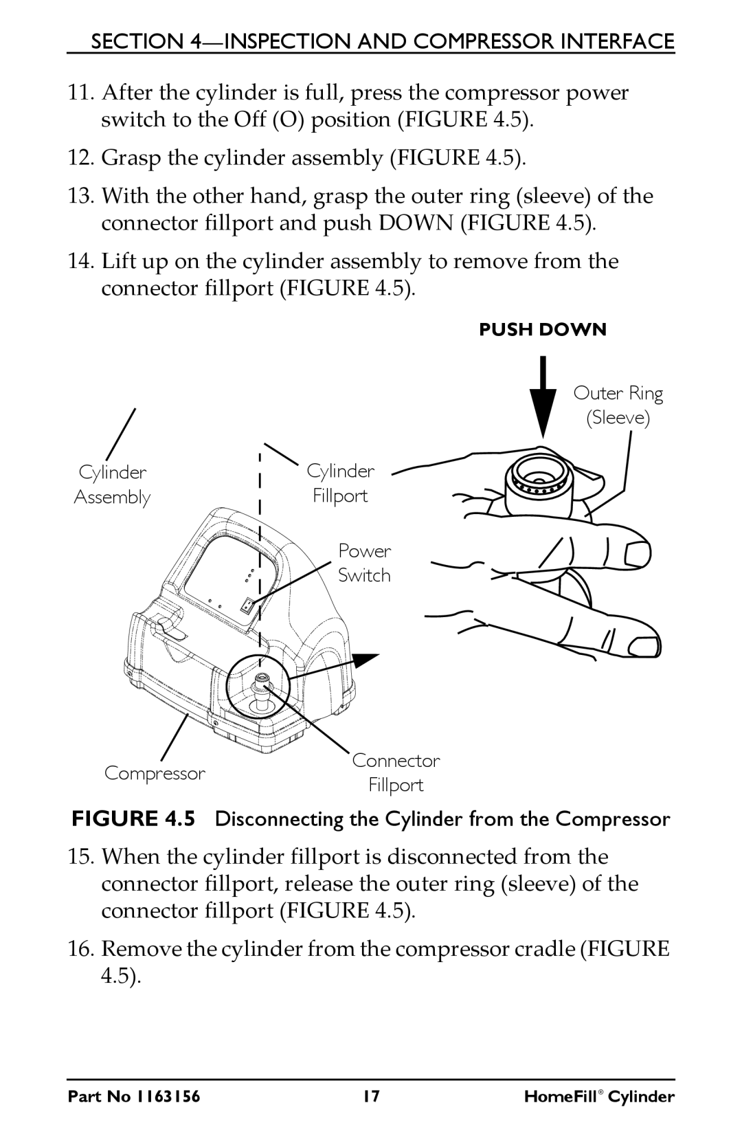 Invacare HF2E540M9 manual Disconnecting the Cylinder from the Compressor 