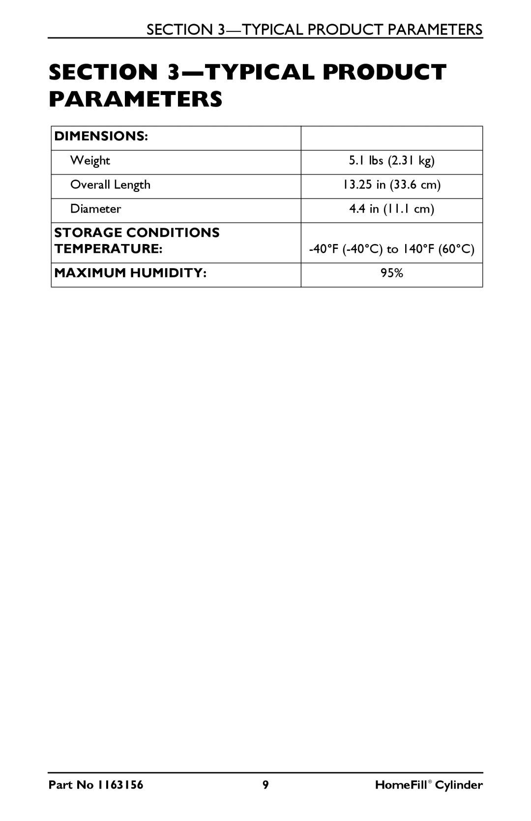 Invacare HF2E540M9 manual Typical Product Parameters 