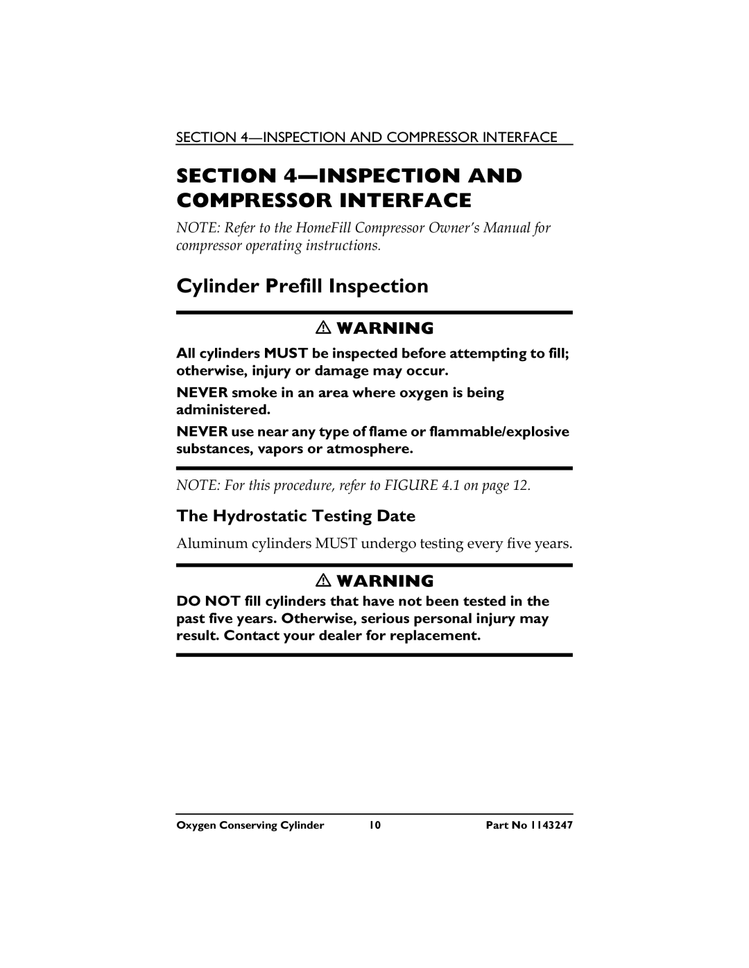 Invacare HF2PCM2KIT manual Inspection and Compressor Interface, Cylinder Prefill Inspection 