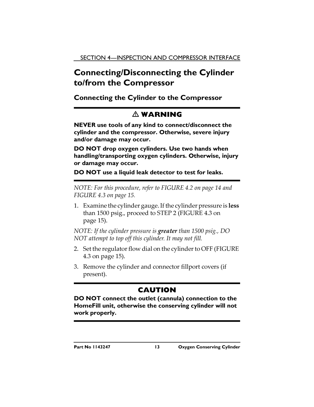 Invacare HF2PCM2KIT manual Connecting/Disconnecting the Cylinder to/from the Compressor 