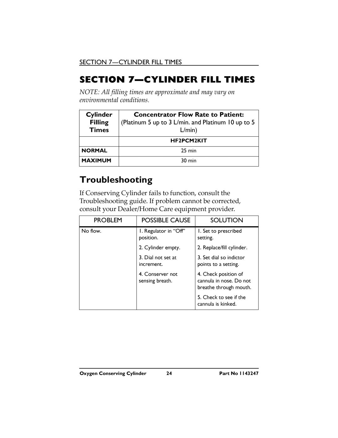 Invacare HF2PCM2KIT manual Cylinder Fill Times, Troubleshooting 