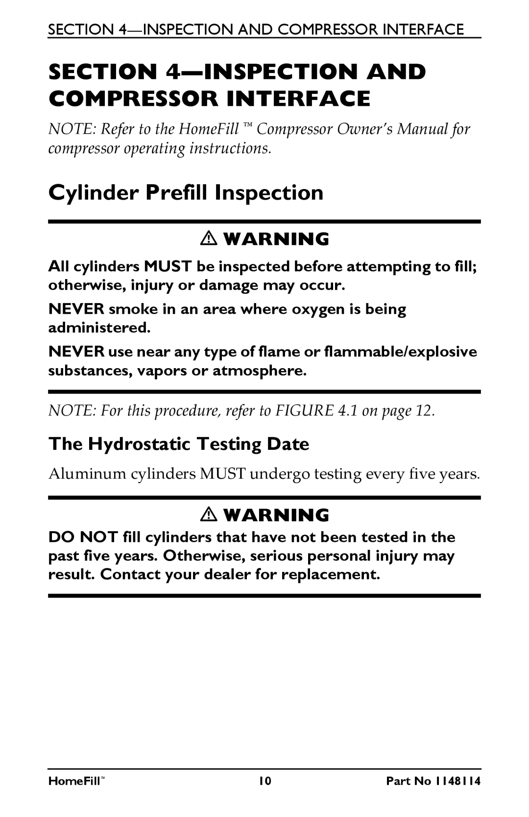 Invacare HF2POSTD, HF2POST6, HF2POST9, 1148114 manual Inspection and Compressor Interface, Cylinder Prefill Inspection 