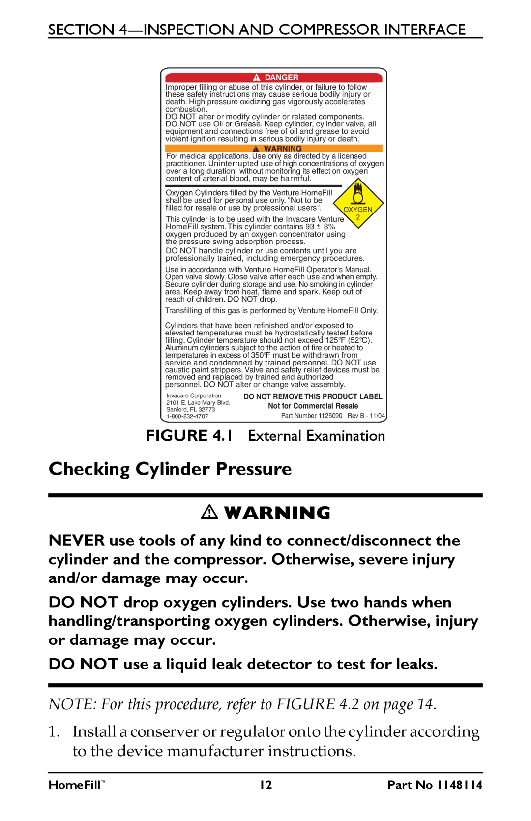 Invacare HF2POST6, HF2POST9, HF2POSTD, 1148114 manual Checking Cylinder Pressure 