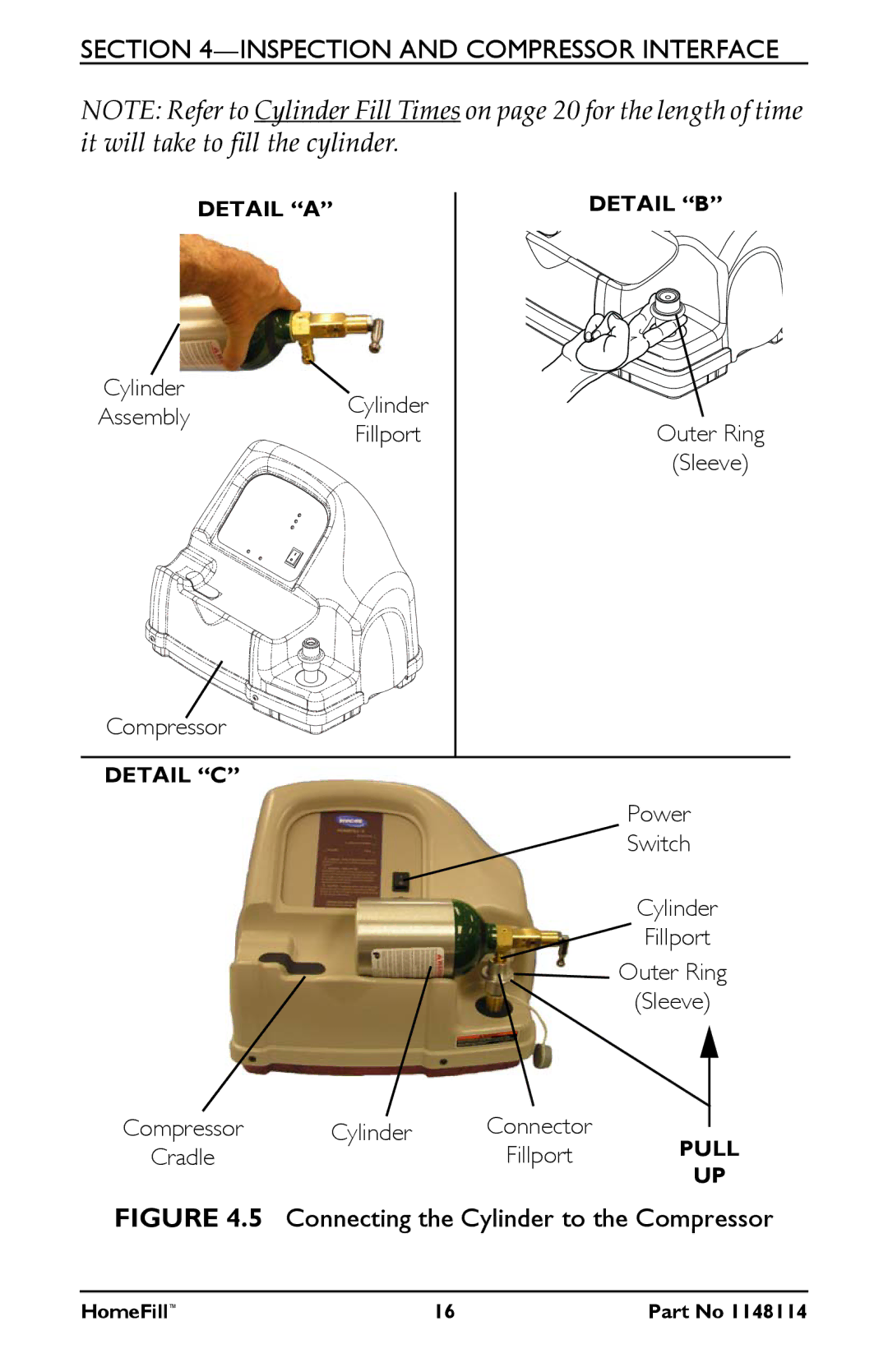 Invacare HF2POST6, HF2POST9, HF2POSTD, 1148114 manual Connecting the Cylinder to the Compressor 