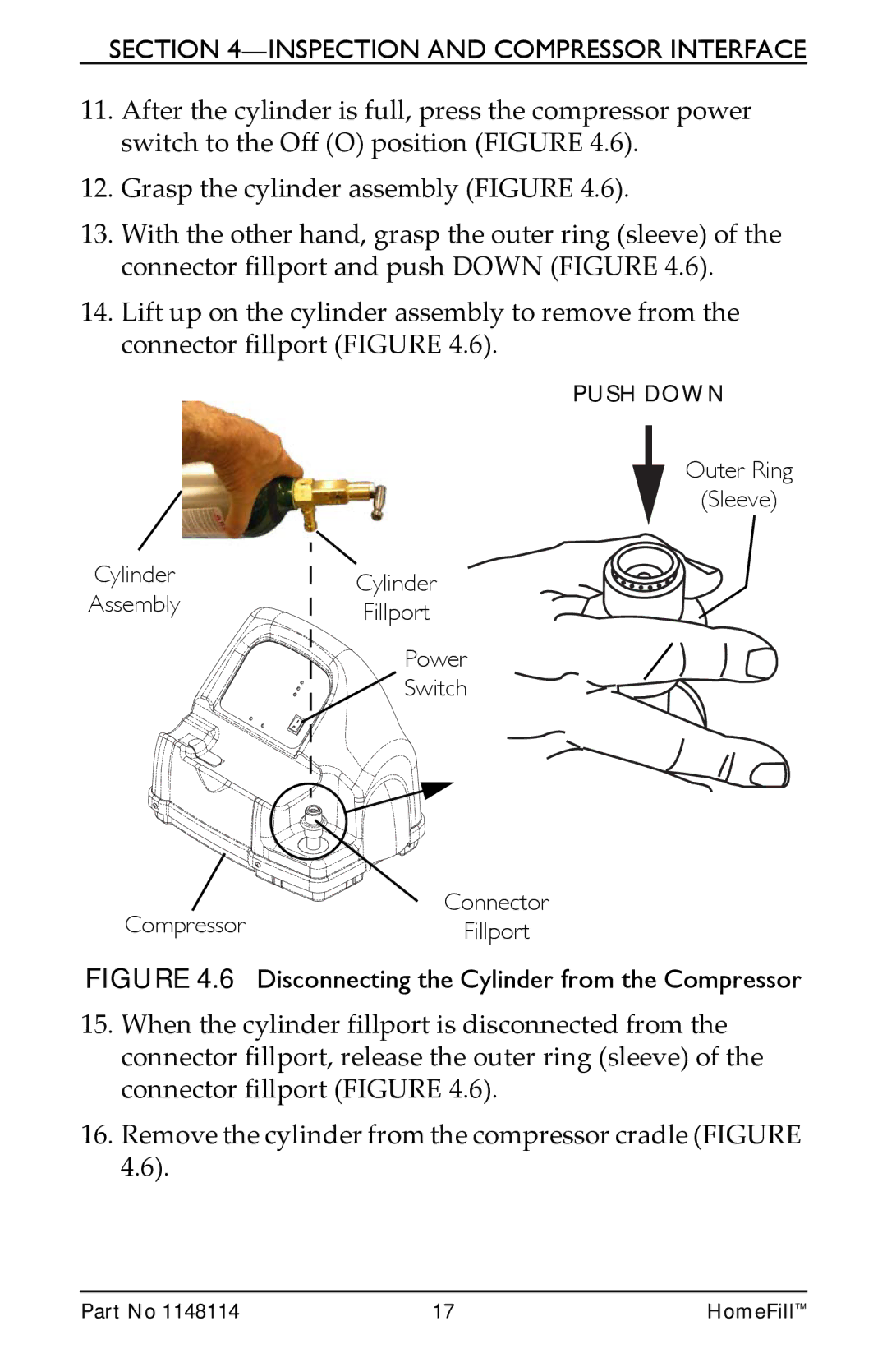 Invacare HF2POST9, HF2POST6, HF2POSTD, 1148114 manual Disconnecting the Cylinder from the Compressor 