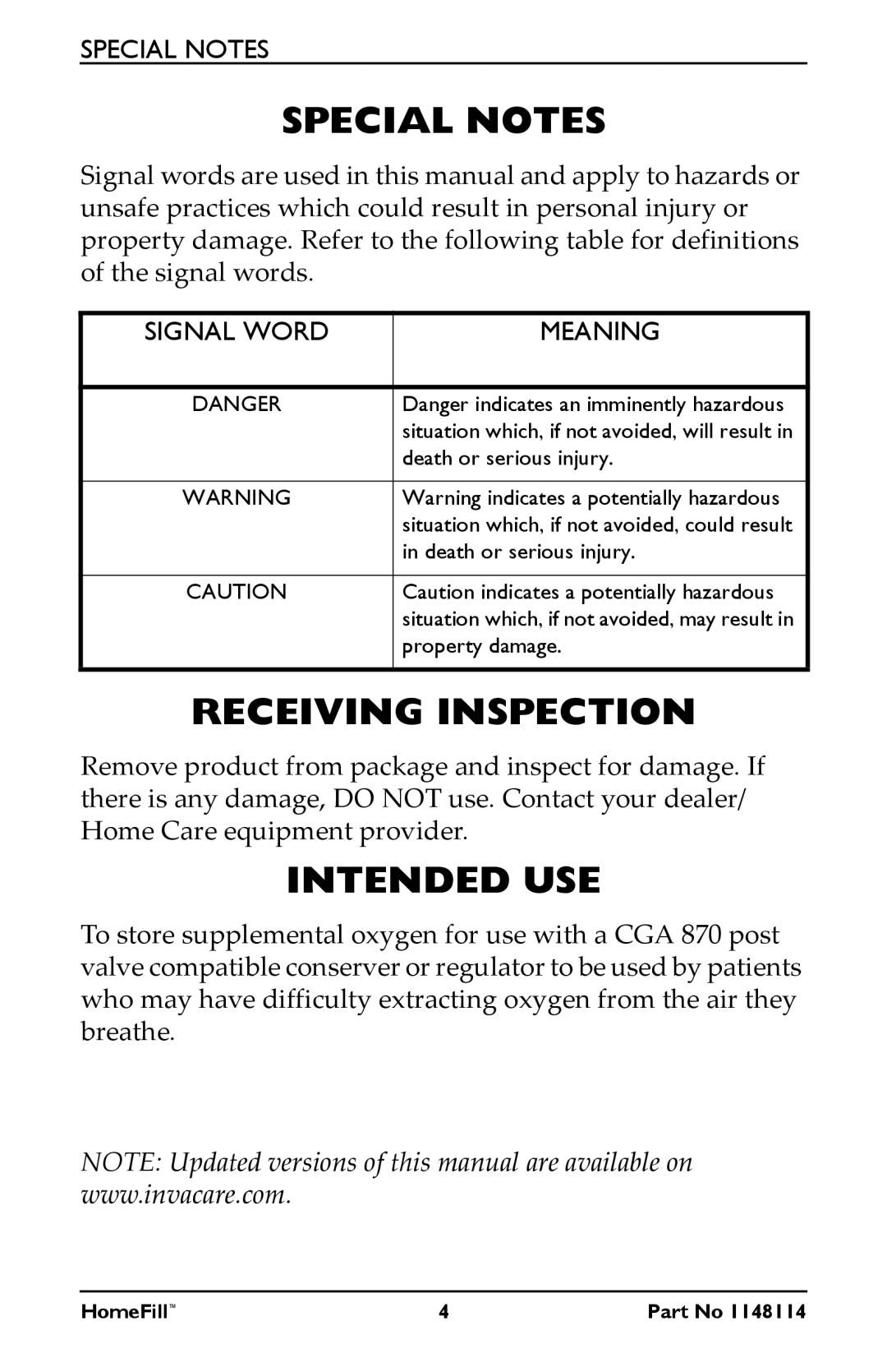 Invacare HF2POST6, HF2POST9, HF2POSTD, 1148114 manual Special Notes, Receiving Inspection, Intended USE 