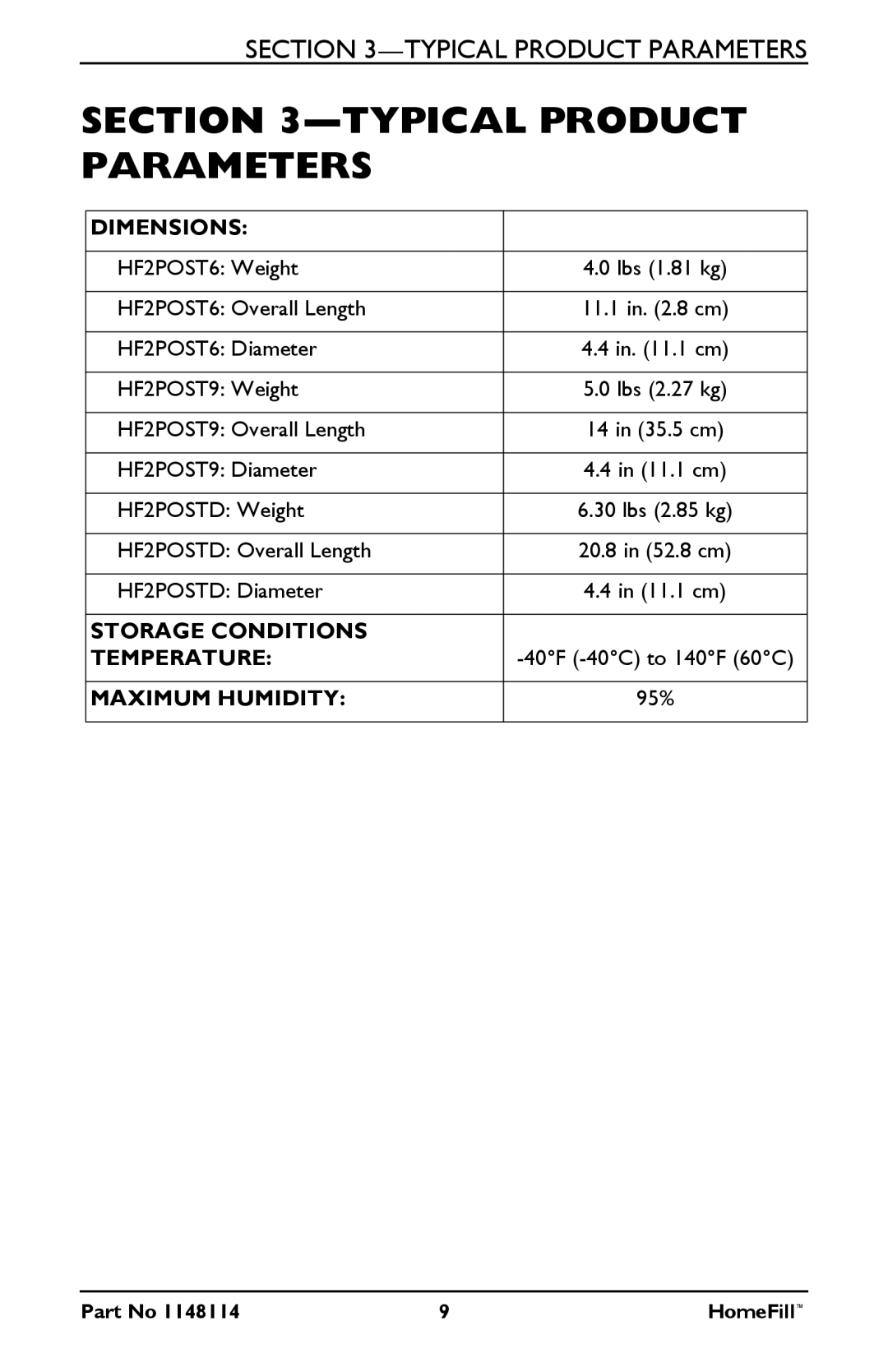 Invacare HF2POST9, HF2POST6, HF2POSTD, 1148114 manual Typical Product Parameters, Dimensions 