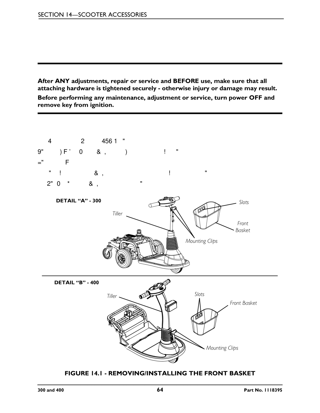 Invacare HMV Highly 300, HMV Highly 400 manual Scooter Accessories, REMOVING/INSTALLING the Front Basket 