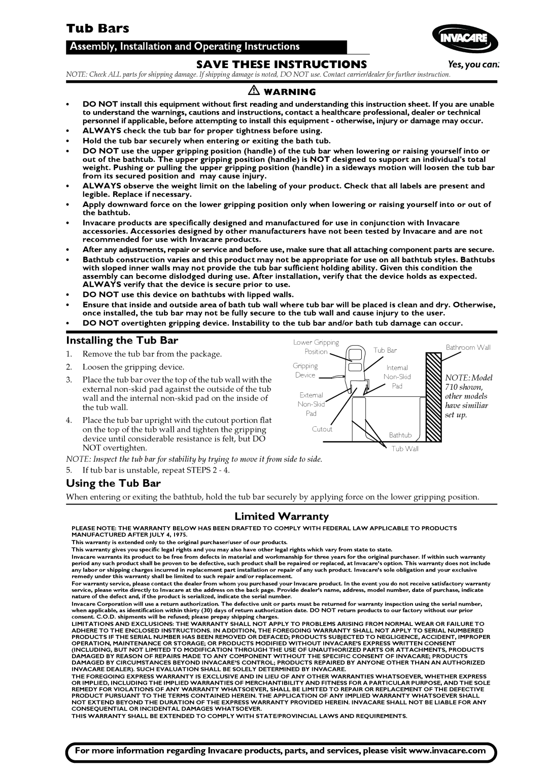 Invacare Hot Tub warranty Tub Bars, Installing the Tub Bar, Using the Tub Bar, Limited Warranty 