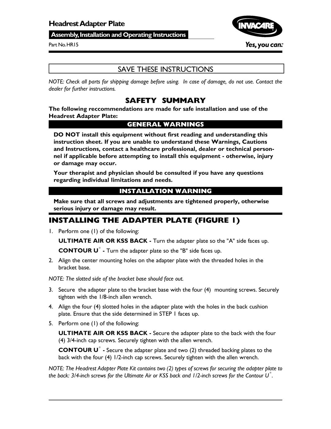 Invacare HT500PC operating instructions Safety Summary, Installing the Adapter Plate Figure, General Warnings 