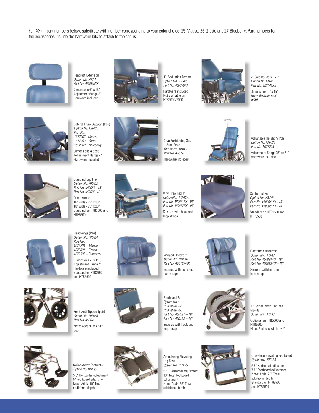 Invacare HTR3000 manual Headrest Extension, Lateral Trunk Support Pair, Standard Lap Tray, Front Anti-Tippers pair 