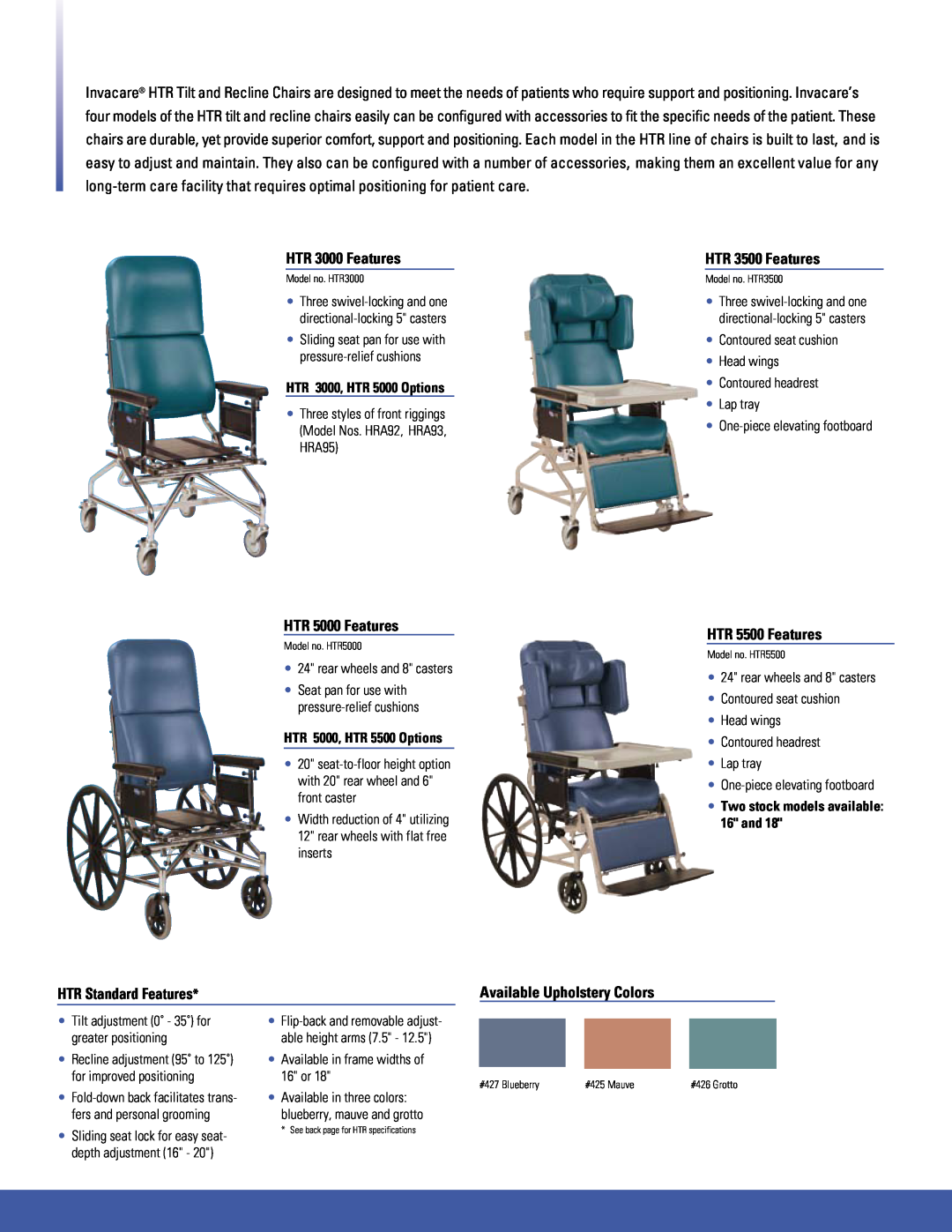 Invacare HTR3000 manual HTR 3000 Features, HTR 3500 Features, HTR 5000 Features, HTR 5500 Features, HTR Standard Features 