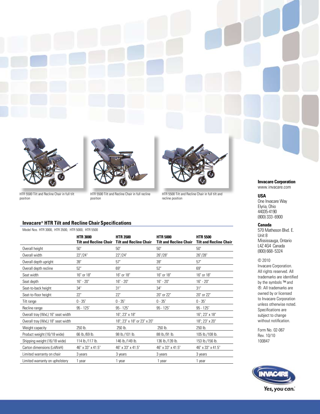 Invacare HTR3000 manual Invacare HTR Tilt and Recline Chair Specifications, Invacare Corporation, Canada 