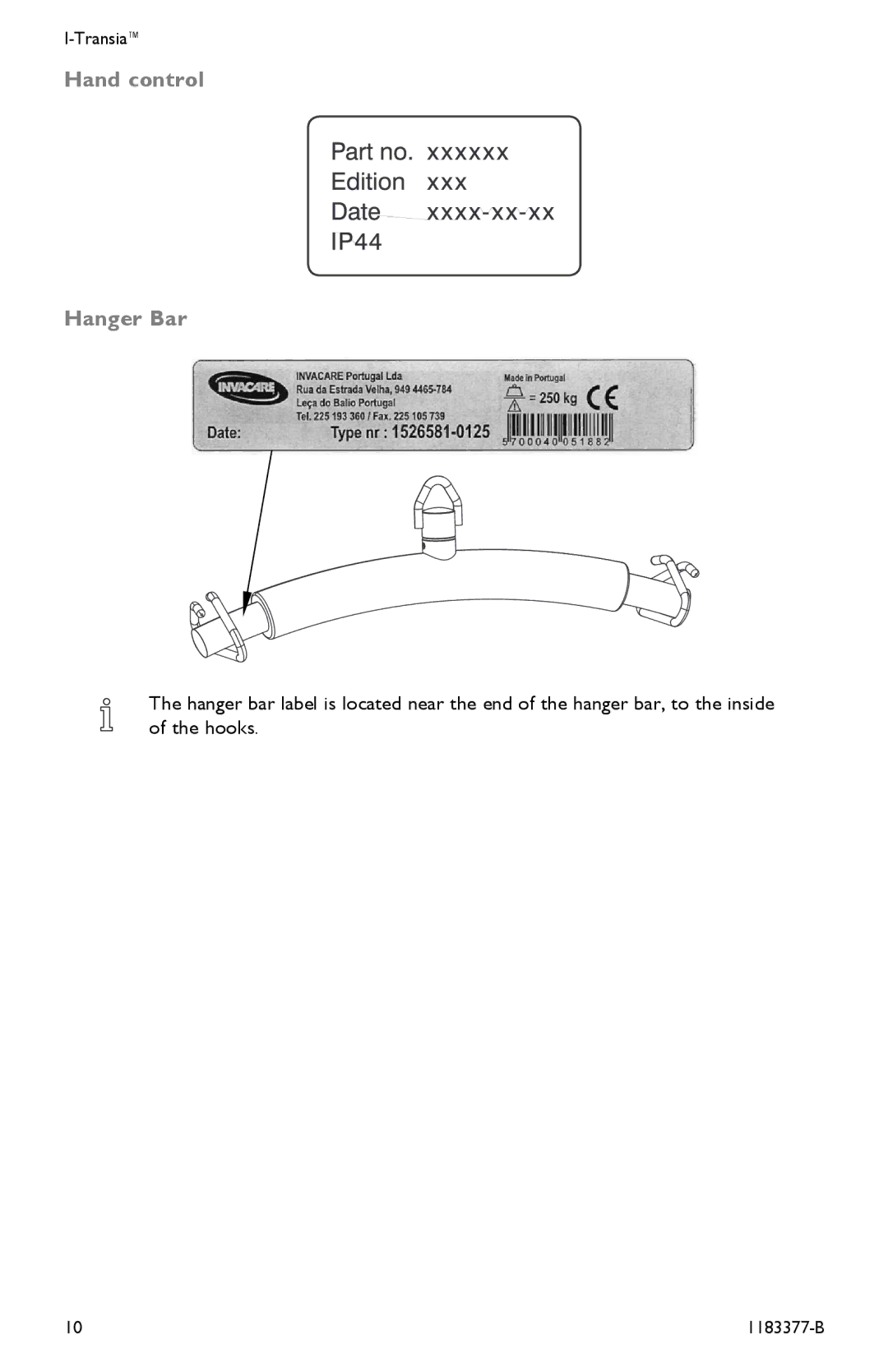 Invacare I-Transia 205 kg), I-Transia 250 kg user manual Hand control Hanger Bar 