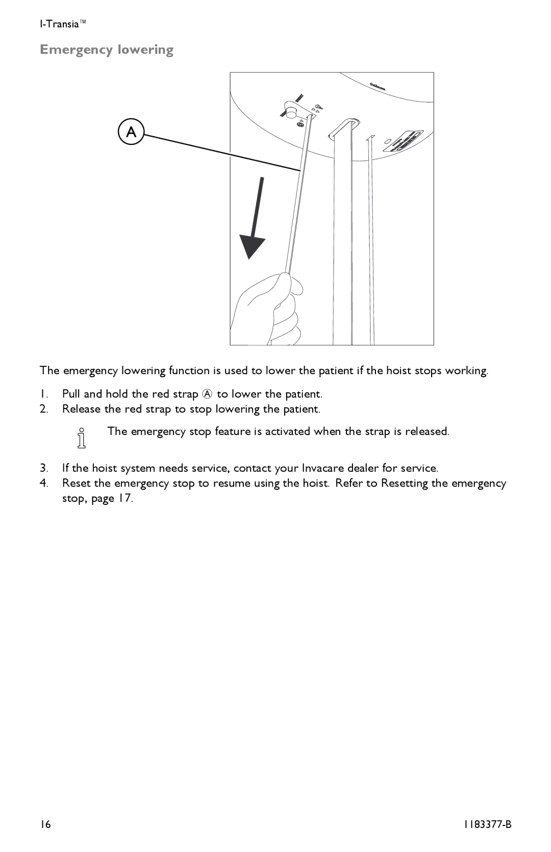 Invacare I-Transia 205 kg), I-Transia 250 kg user manual Emergency lowering 