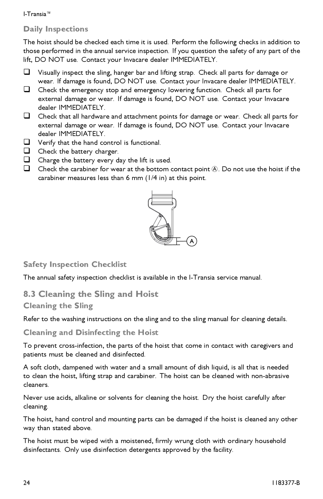 Invacare I-Transia 205 kg), I-Transia 250 kg Cleaning the Sling and Hoist, Daily Inspections, Safety Inspection Checklist 