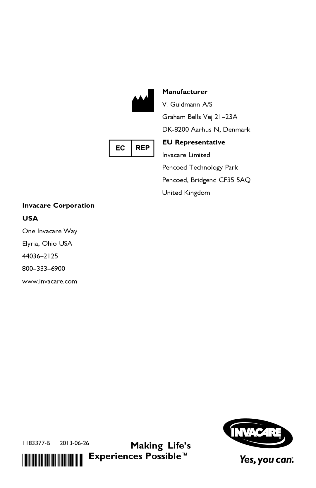 Invacare I-Transia 205 kg), I-Transia 250 kg user manual Manufacturer, EU Representative, Invacare Corporation 