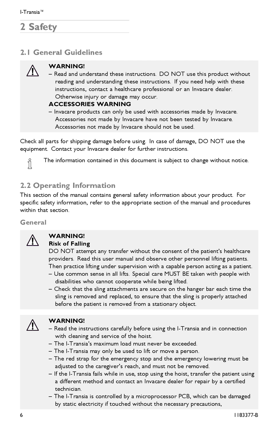 Invacare I-Transia 205 kg), I-Transia 250 kg user manual Safety, General Guidelines, Operating Information, Risk of Falling 