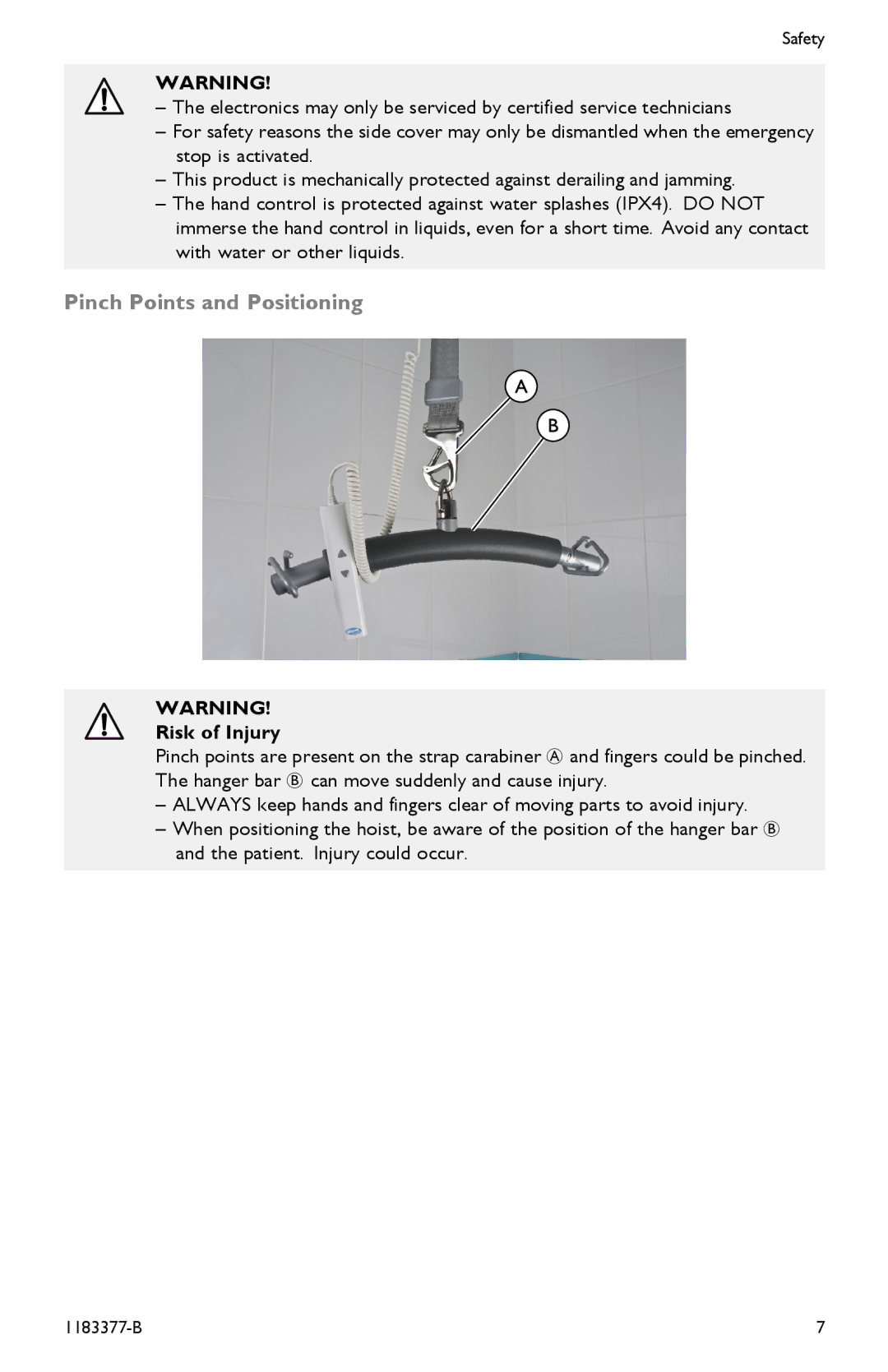 Invacare I-Transia 250 kg, I-Transia 205 kg) user manual Pinch Points and Positioning, Risk of Injury 