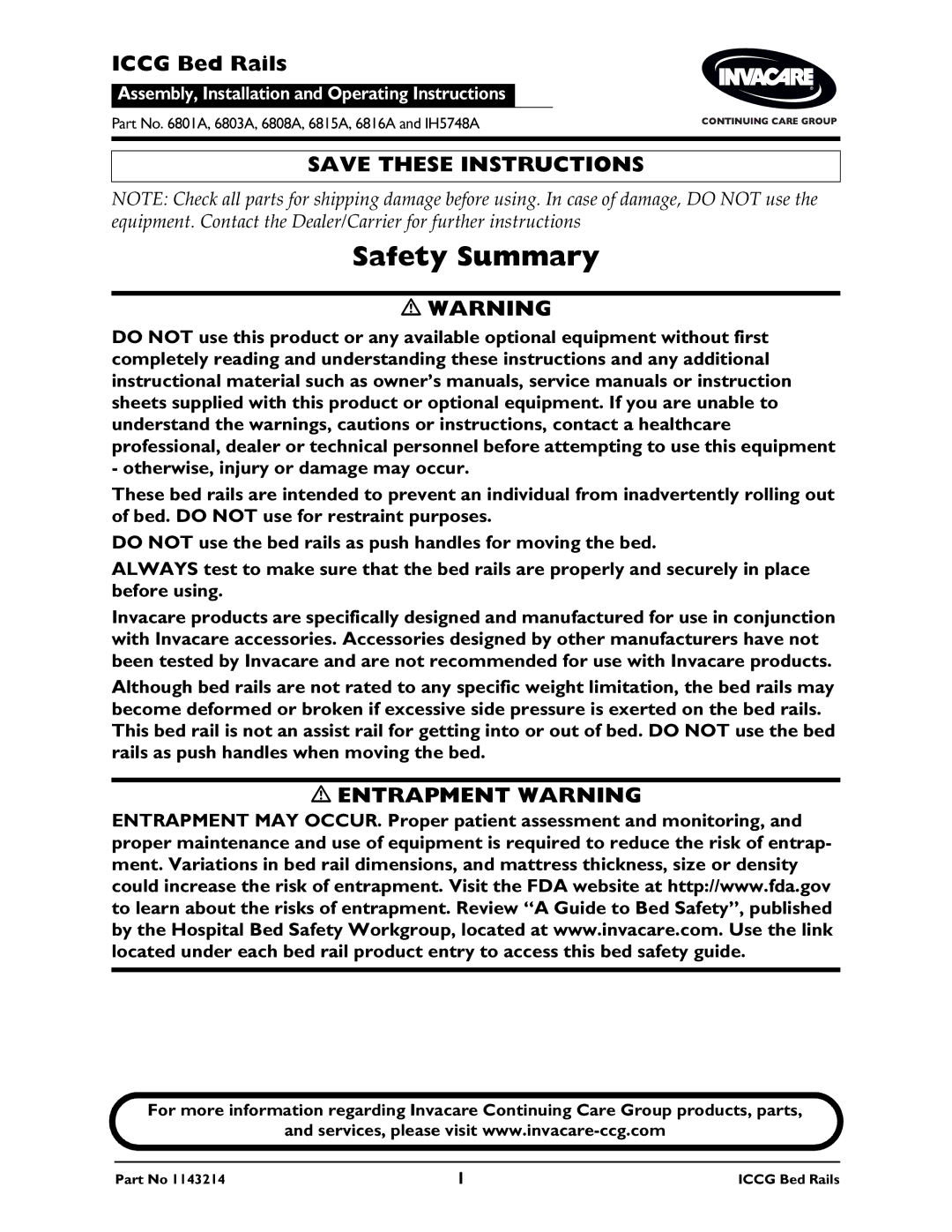 Invacare 6815A, IH5748A, 1143214, 6808A, 6816A, 6803A, 6801A owner manual Safety Summary, Iccg Bed Rails 