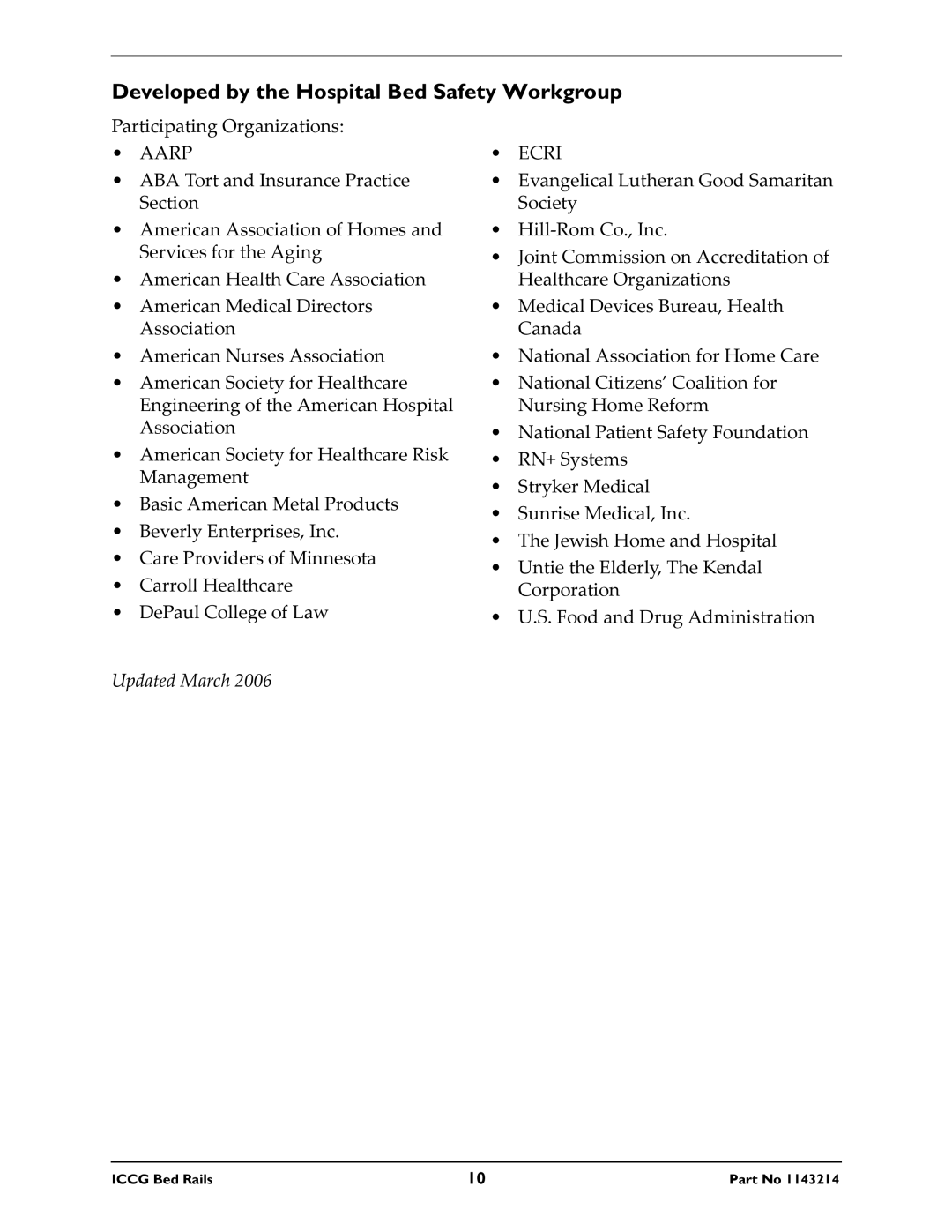 Invacare 6808A, IH5748A, 6815A, 1143214, 6816A, 6803A, 6801A owner manual Developed by the Hospital Bed Safety Workgroup, Aarp 