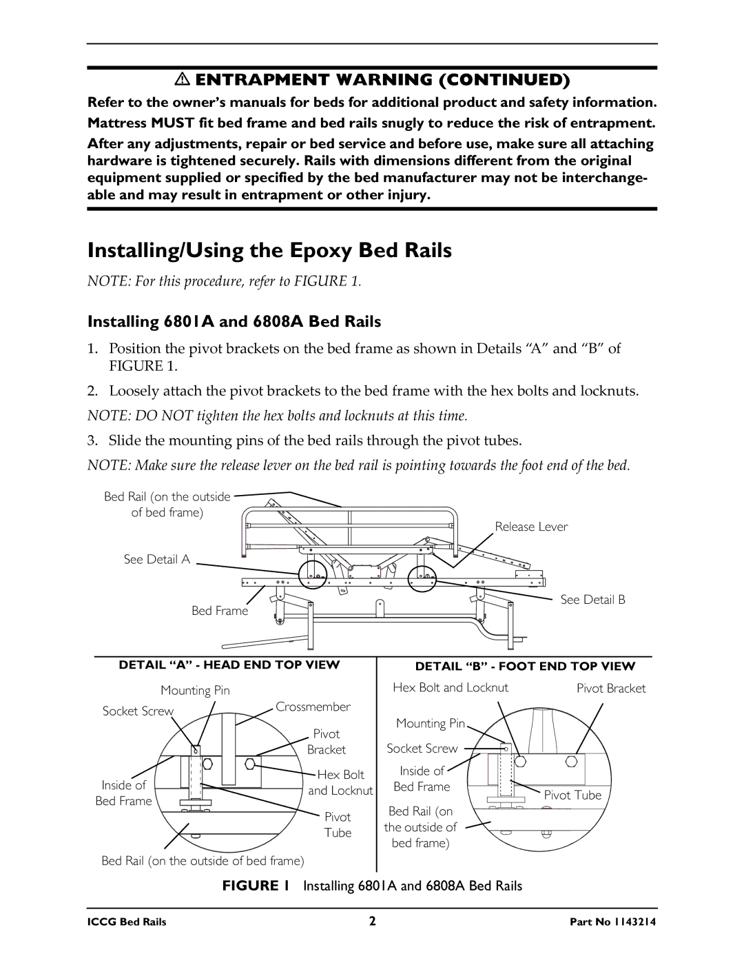 Invacare 1143214, IH5748A, 6815A, 6816A, 6803A Installing/Using the Epoxy Bed Rails, Installing 6801A and 6808A Bed Rails 