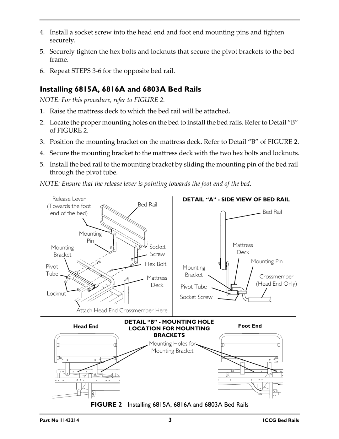 Invacare 6808A, IH5748A, 1143214, 6801A owner manual Installing 6815A, 6816A and 6803A Bed Rails 