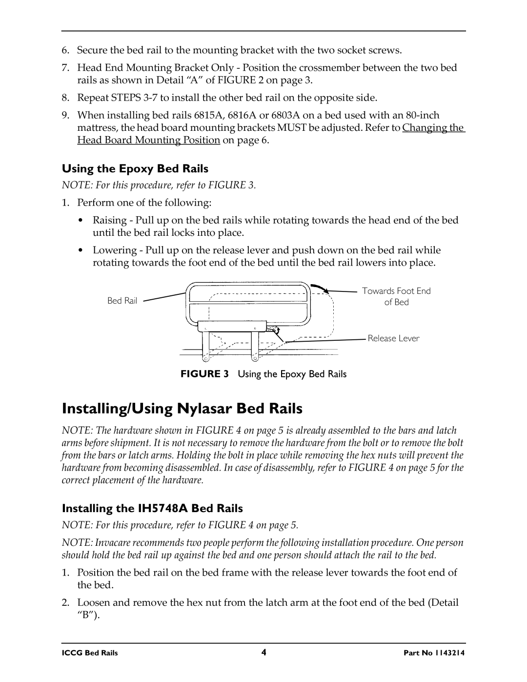 Invacare 6816A, 6815A Installing/Using Nylasar Bed Rails, Using the Epoxy Bed Rails, Installing the IH5748A Bed Rails 