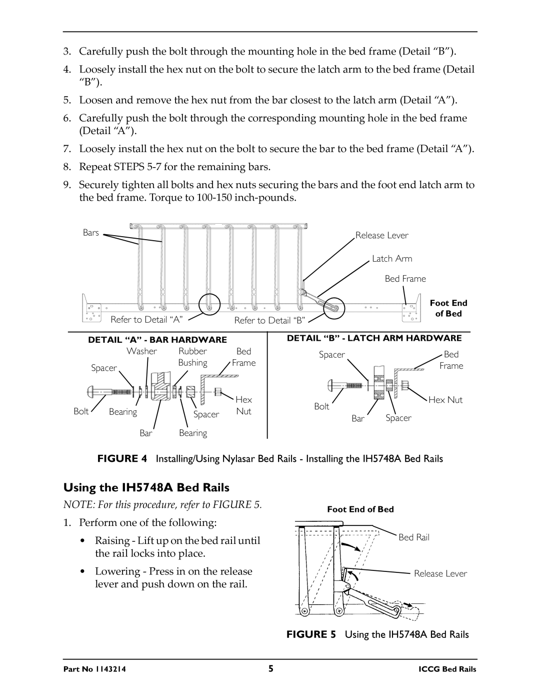 Invacare 6803A, 6815A, 1143214, 6808A, 6816A, 6801A owner manual Using the IH5748A Bed Rails 