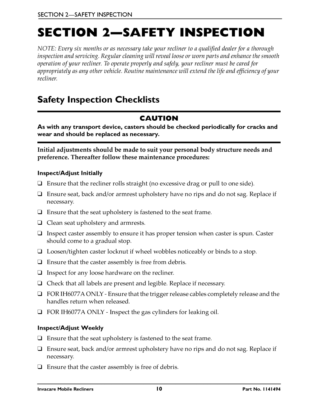 Invacare IH6065 series manual Safety Inspection Checklists, Inspect/Adjust Initially, Inspect/Adjust Weekly 