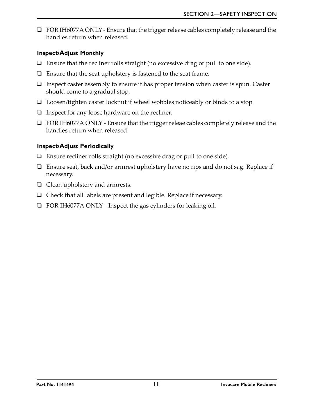 Invacare IH6065 series manual Inspect/Adjust Monthly, Inspect/Adjust Periodically 