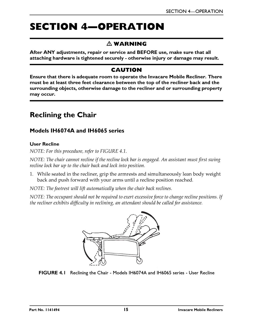 Invacare manual Operation, Reclining the Chair, Models IH6074A and IH6065 series, User Recline 