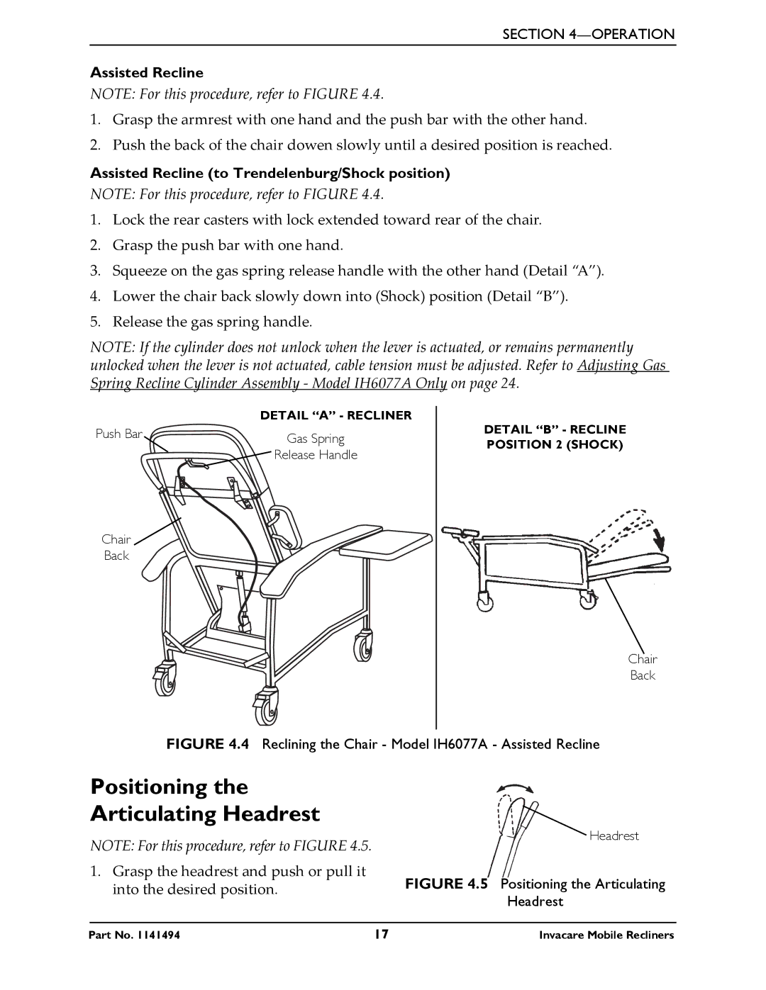 Invacare IH6065 series manual Positioning Articulating Headrest, Assisted Recline to Trendelenburg/Shock position 