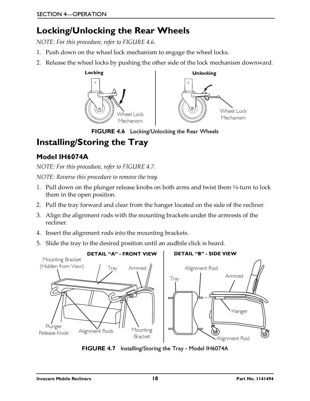 Invacare IH6065 series manual Locking/Unlocking the Rear Wheels, Installing/Storing the Tray, Model IH6074A 