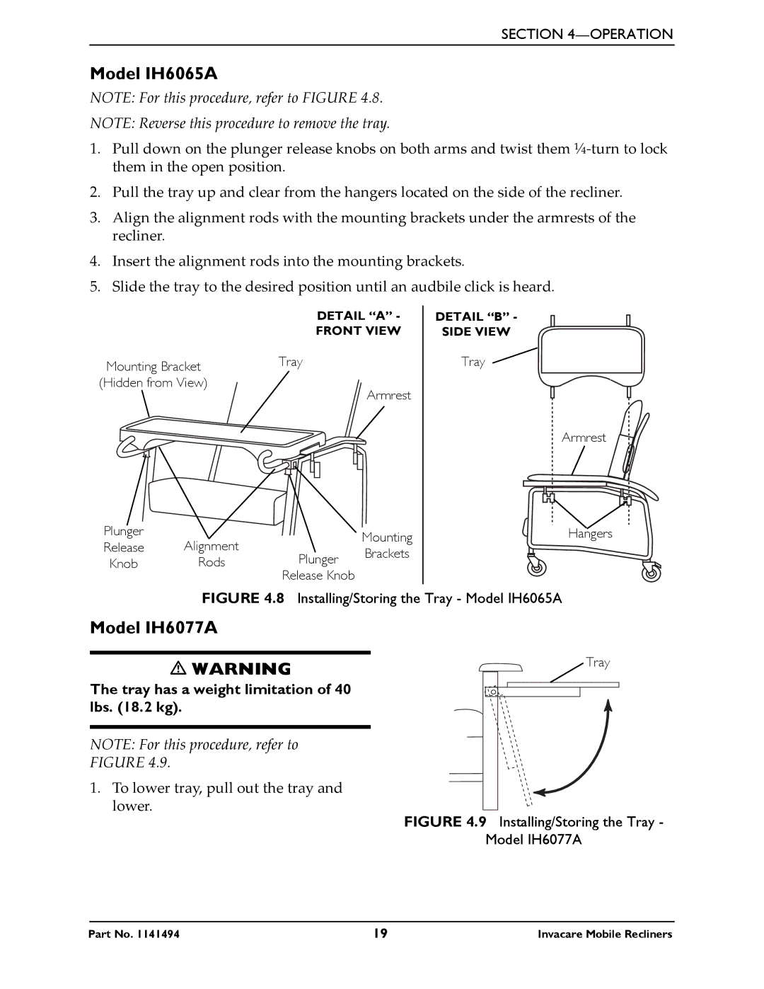 Invacare IH6065 series manual Model IH6065A, Tray has a weight limitation of 40 lbs .2 kg 