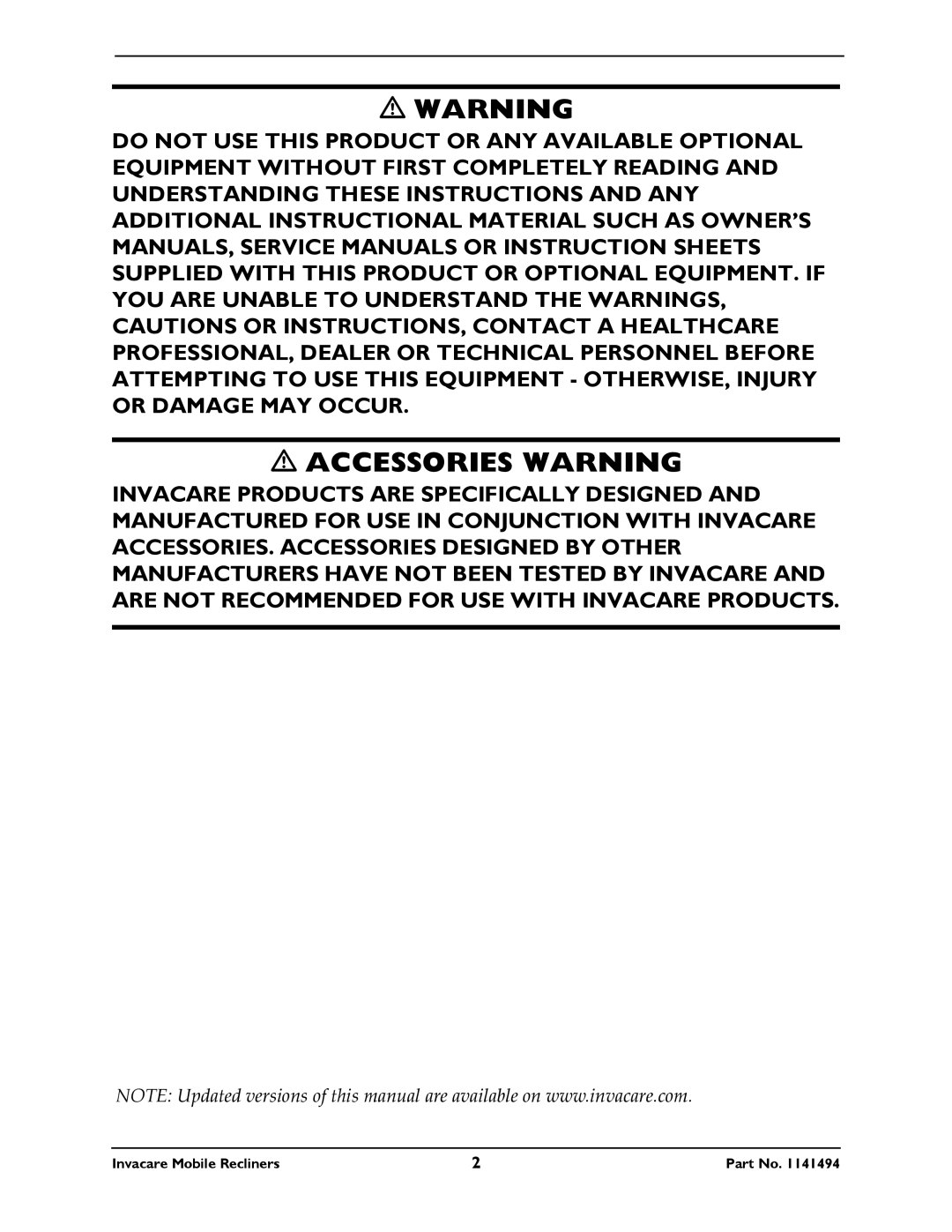 Invacare IH6065 series manual Accessories Warning 